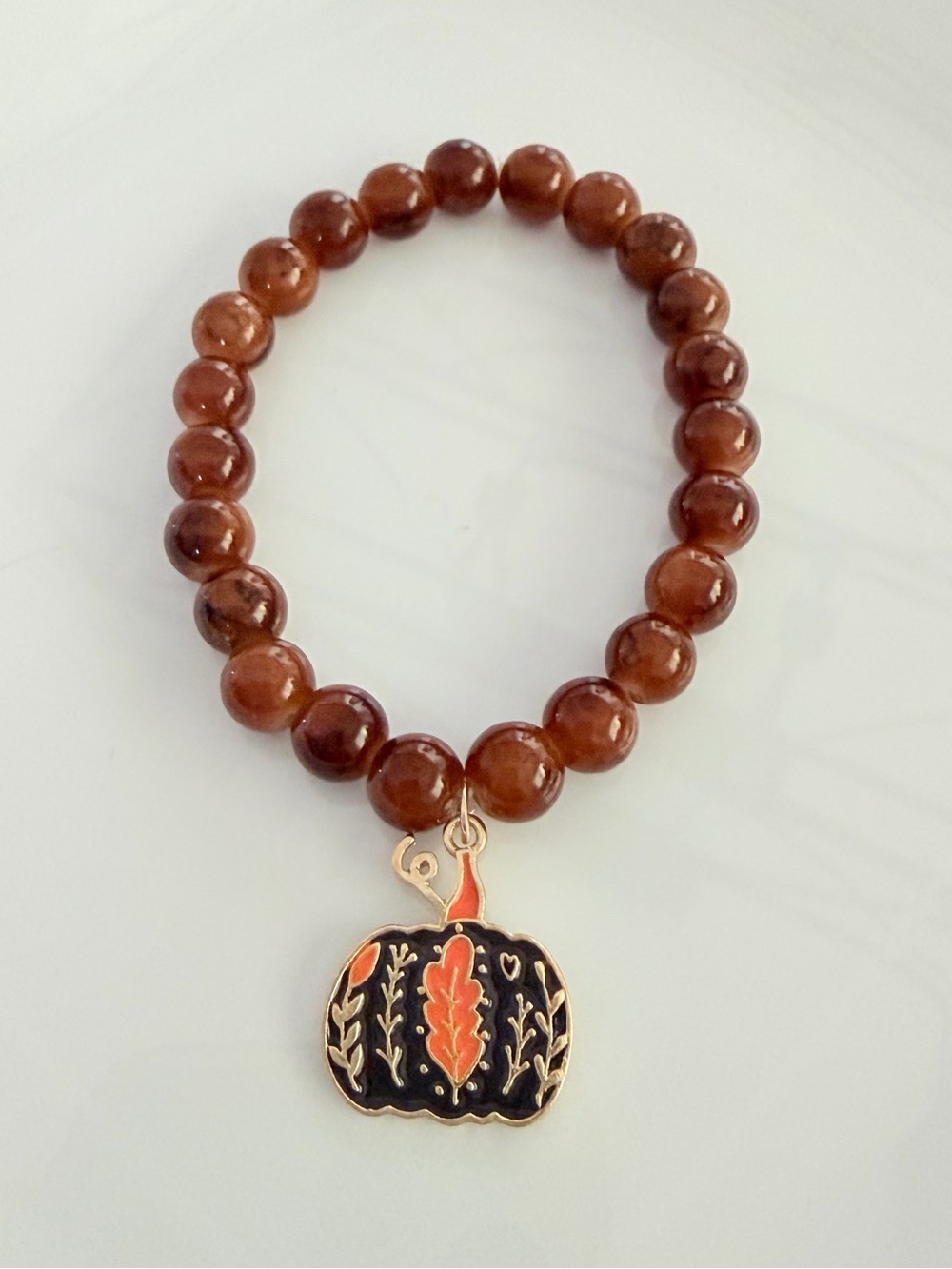 Brown Beaded Bracelet with Black & Orange Pumpkin Charm Handmade Jewelry